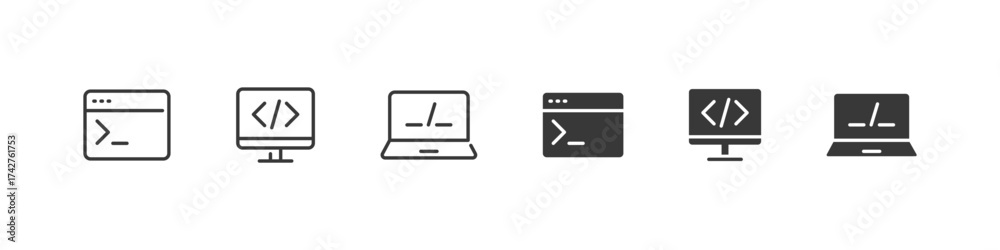 Wall mural Code programming on device screens in outline and filled style. Software vector collection