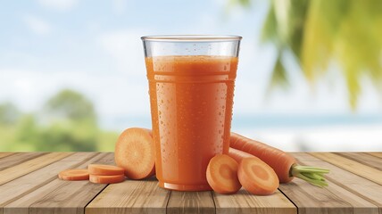 Disposable plastic cups filled with freshly squeezed carrot juice on a wooden table, ideal for advertising natural juices.