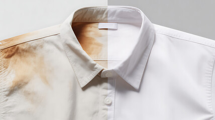 A white shirt, the left side has a dirty stain, the right side is clean white, suitable for advertising.