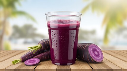 Disposable plastic cups filled with freshly squeezed purple carrot juice on a wooden table, ideal for advertising natural juices.