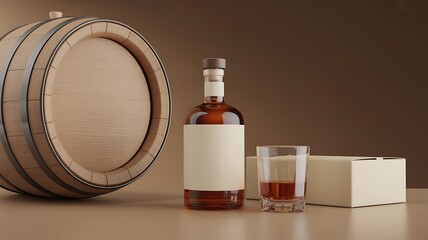Blank white label liquor bottles and boxes and liquor glasses next to oak barrels.