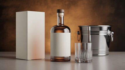 Mockup of a liquor bottle with a blank white label and a box and glasses is placed on a table with an ice bucket next to it.