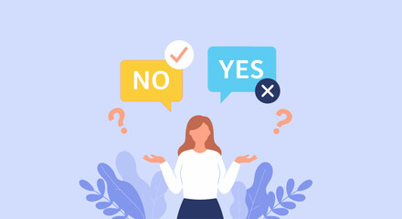 A Woman Stands Between Two Speech Bubbles, One Saying Yes and the Other No, With Question Marks on Either Side