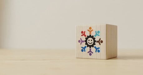 Teamwork Symbol: A vibrant wooden block showcases a symbolic representation of teamwork, where diverse figures unite around a central gear, embodying collaboration and unity