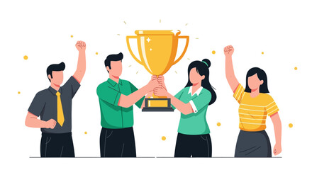 A group of business people celebrating a successful achievement and holding a trophy