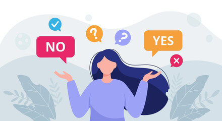 Woman contemplating a decision between 'yes' and 'no' with question marks and icons symbolizing choice and uncertainty