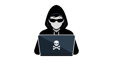 Cybercriminal in a Hoodie with a Laptop Displaying a Skull Icon - Digital Security Threat Concept
