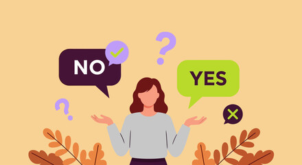 Decision making concept, woman choosing between yes and no with question marks and checkmarks