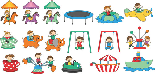 Cartoon amusement park rides, children playing, fun fair illustration, bumper cars, carousel, teacup ride, Ferris wheel, swing set, joyful kids, colorful attractions