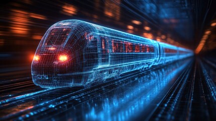 Futuristic train, digital wireframe, neon lights, high-speed