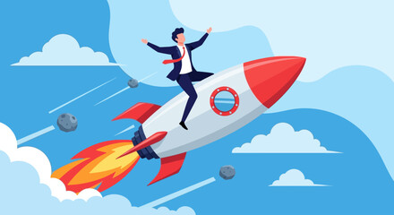 Businessman riding a rocket ship, symbolizing success, rapid growth, and ambitious goals in the business world