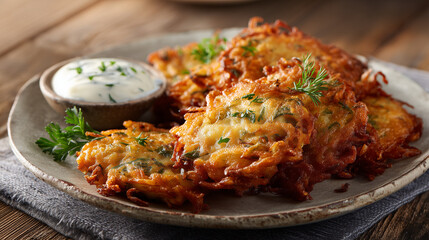 Crispy potato latkes with sour cream on rustic wooden table
