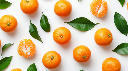 Fresh mandarins and green leaves on white background flat lay