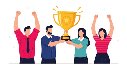 Celebrating Success A Diverse Team Holds a Golden Trophy High in Triumph