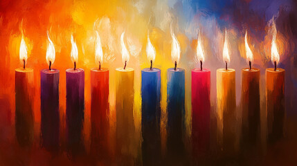 Colorful Hanukkah candles burning in abstract painted style