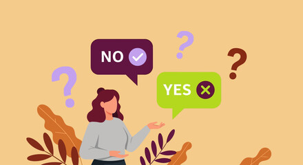 Choosing between YES and NO with question marks and speech bubbles, representing decisions and dilemmas