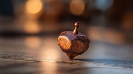 Spinning wooden dreidel on floor with warm blurred background