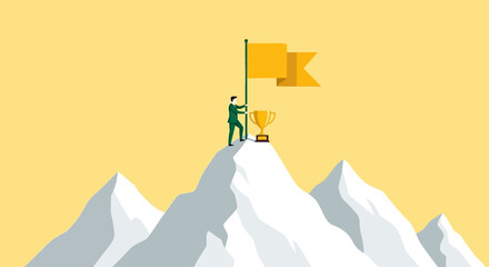 Achieving success by reaching the summit and planting a flag on a snowy mountain peak with a golden trophy at the top, representing victory and accomplishment