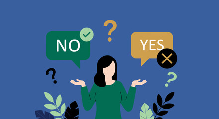 A woman contemplates a decision between two options, 'yes' and 'no,' surrounded by question marks and leaves