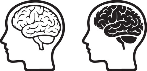 Human head with brain outline and solid silhouette icon set .Head with brain symbol vector icon.