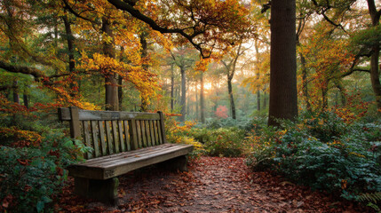 Obraz premium Wooden bench in autumn park surrounded by colorful leaves in soft evening light