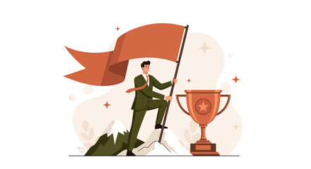 Illustration of a businessman planting a flag on a mountaintop, symbolizing success, achievement, and reaching goals