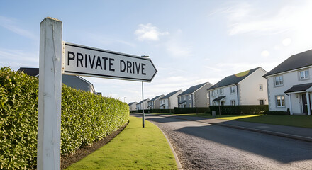 Private Drive Sign Points Towards Residential Neighborhood With Contemporary Homes