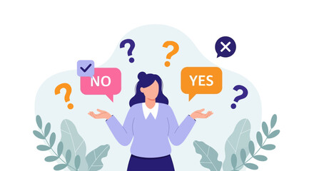 Decision Making Concept with Woman Weighing Options and Question Marks