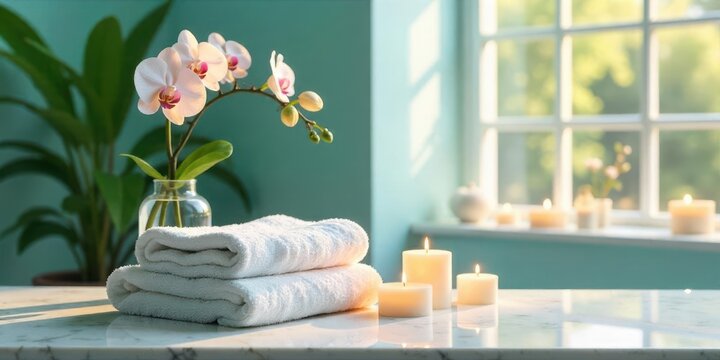 Serene Spa Setting Soft Towels, Blooming Orchids, and Glowing Candles on a Marble Surface near a Sunlit Window