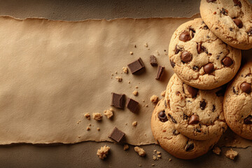 Assorted homemade cookies with crumbs on empty parchment paper background