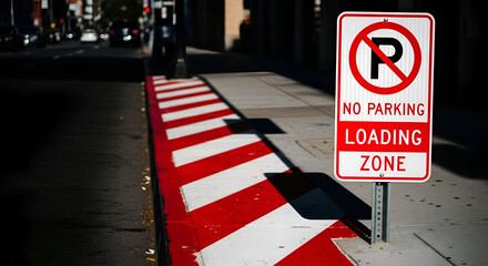 No Parking Loading Zone Sign Displayed on Urban Street with Red and White Stripes