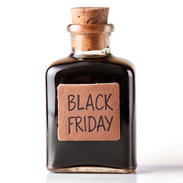 Square brown bottle on the white background.The bottele has black label and black corc.The bottele s black label reads Black Friday in white cursive letters