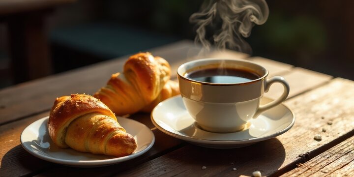 Warm morning light illuminates a steaming cup of coffee and freshly baked croissants on a rustic wooden table