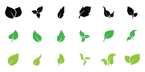 Leaf vector icons. Eco leaf icon set. Simple flat style leaves of trees and plants. Elements for eco friendly and bio, vegan. Black and green leaves collection. Ecology leaf element.