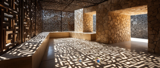 Geometric lattice shadows create bold abstract shapes on stone floor in bright sunlight