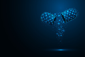 Opened blue medical capsule, drug in abstract 3D low poly wireframe design. Open pill antibiotic and vitamin. Geometric light glowing blue banner. Vector illustration.