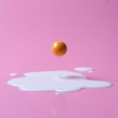 Playful Spill: A vibrant egg yolk suspended mid-air, its creamy essence cascading onto a pink surface in an artful splash of color and playful contrast.