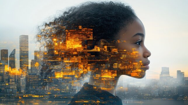 Girl with city lights overlay - Powered by Adobe