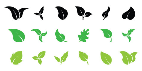 Green leaf icons set. Leaves icon on isolated white background. Collection green leaf. Elements design for natural, eco, vegan, bio labels. Vector illustration. EPS 10