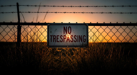 No Trespassing Sign Against A Glowing Sunset with Barbed Wire Silhouette