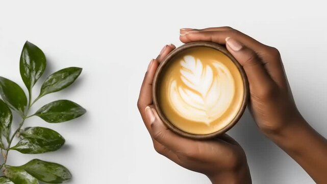 Hands cradle a latte with leaf design; green leaves on the left. Plain white background