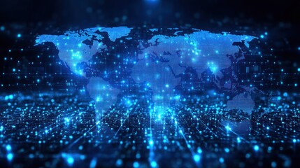 Global digital network map, glowing world outline