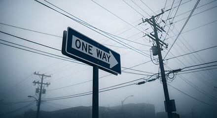 One Way Street Sign In Foggy Weather With Electrical Infrastructure Details Captured