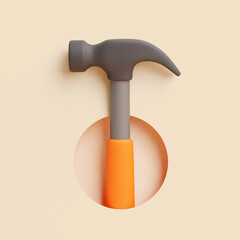 3D hammer with orange handle isolated on beige background