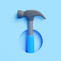 3D hammer with blue handle isolated on light blue background