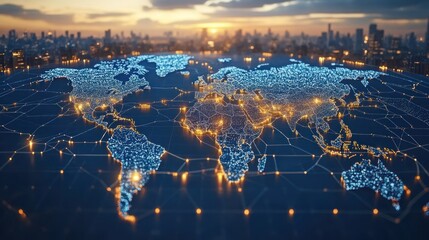 Global network map at sunset over city