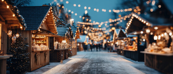 Winter Christmas market stalls with festive blurred lights and space for text