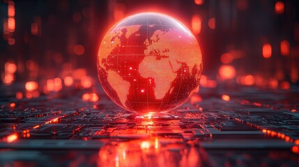 Globed earth, glowing red, tech backdrop