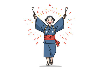 joyful  Japanese man celebrates Day Kunchi with traditional fans radiating happiness Vibrant colors and festive confetti create a dynamic celebratory image Perfect for cultural themes and promotions