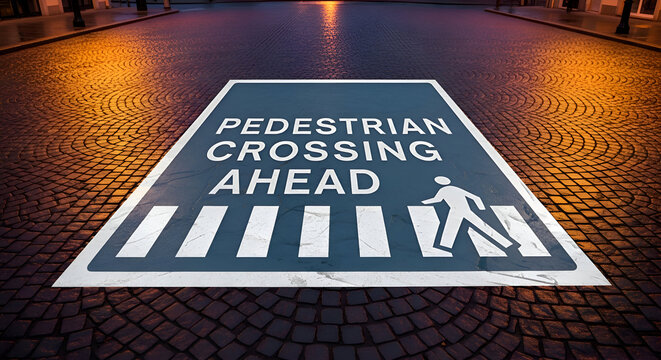 Pedestrian Safety Sign Depicting Crossing Zone Painted on Cobblestone Road at Nighttime